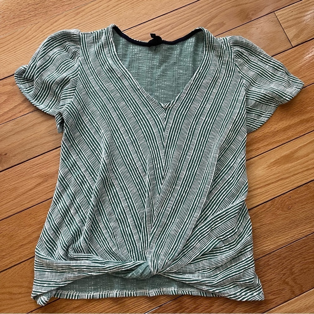 Green and White Striped Shirt with tied knot front
